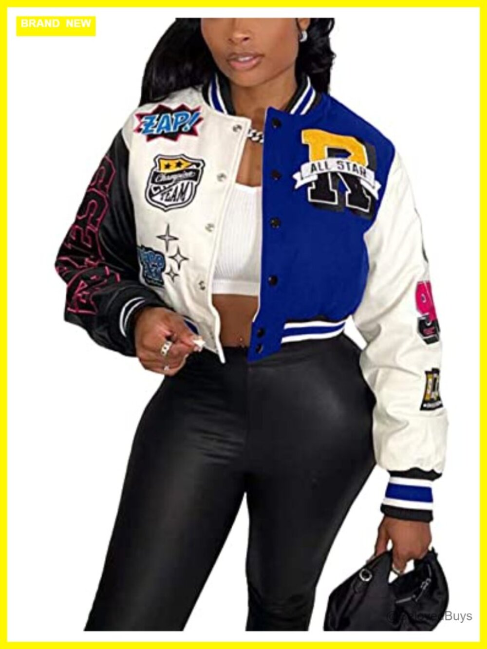 Womens Cropped Varsity Jacket Faux PU Sleeves Letter Print Bomber Coat with